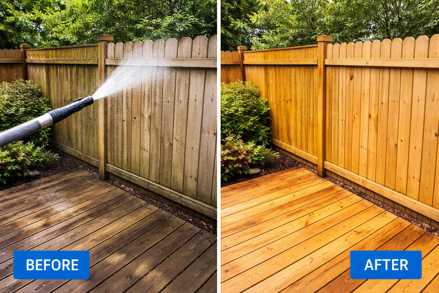 Before and after deck and fence cleaning
