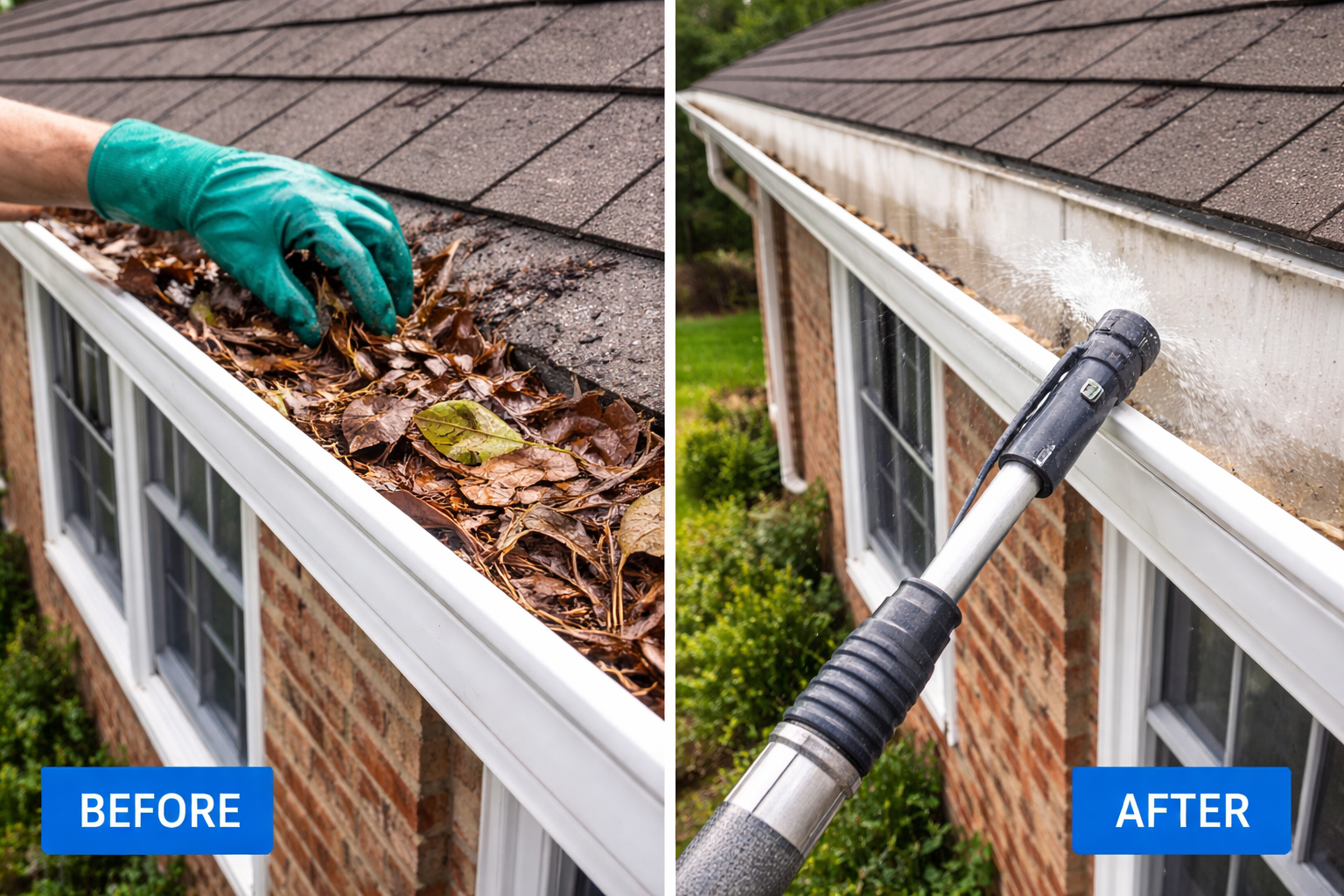 Professional gutter cleaning before and after